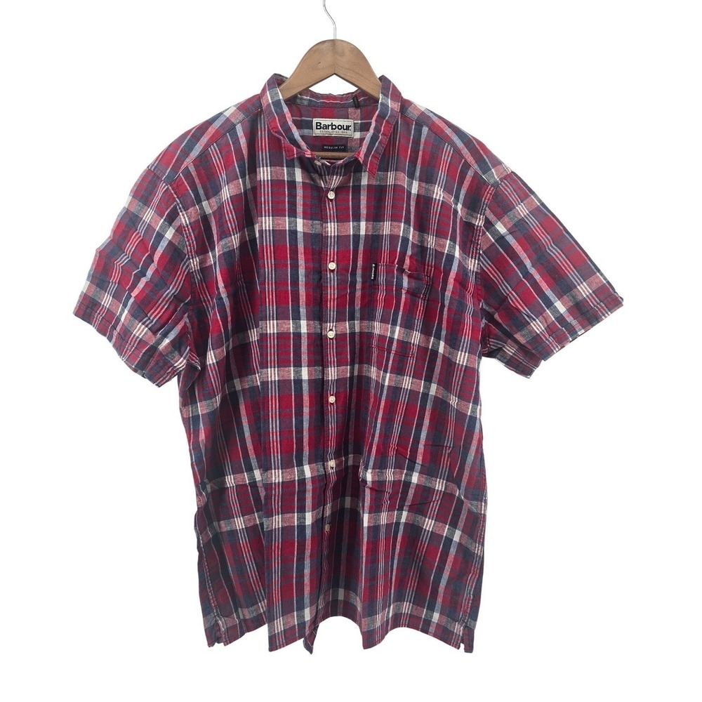 Barbour Button Down Shirt Mens XXL Red Plaid Linen Mix‎ 2 S/S Summer Regular Fit